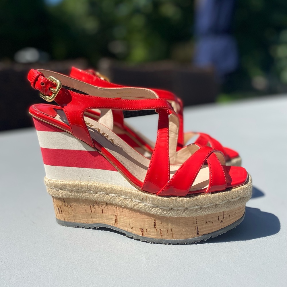 PRADA patent leather wedge sandals. Excellent Condition. Size 8.